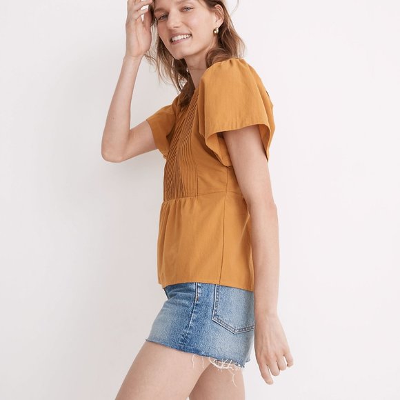Madewell Pleated Flutter-Sleeve Top peplum hem gold NWT Medium - Picture 3 of 4